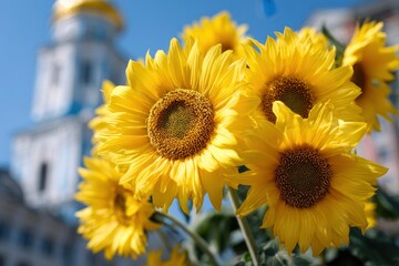 Sunflowers bloom against a blurred backdrop of a building with a golden dome under a clear blue sky