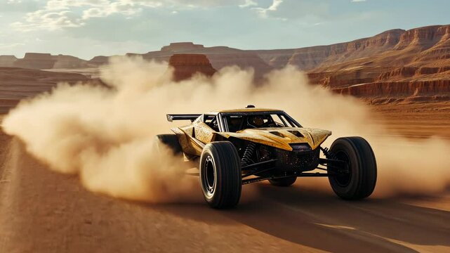 Yellow dune buggy in a desert landscape