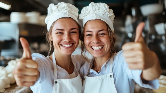 Two cheerful chefs in a bakery proudly display their thumbs up, showcasing teamwork and a shared love for baking while emanating positivity and satisfaction in their craft.