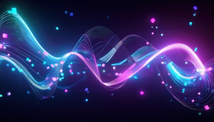 vibrant neon wave stream with glowing particles on dark background for futuristic web design, tech branding, abstract print, or digital interface concept

