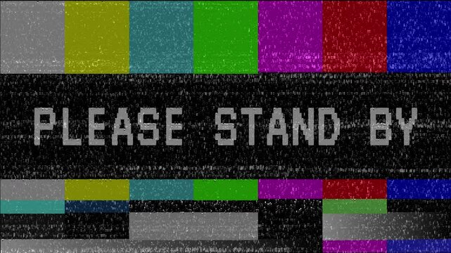 Please stand by animated text with glitch distortion. Please Stand By Screen Television, error signal. 4k video