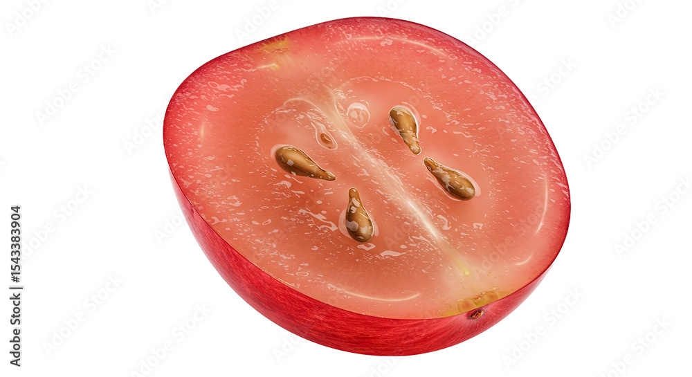 Poster close-up of a fresh red grape cut in half revealing seeds on a black background