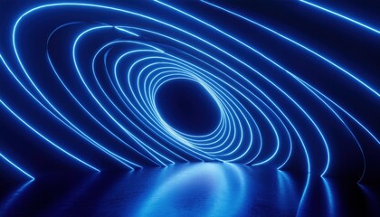 glowing neon blue circular tunnel with luminous curved lines on dark background for futuristic web design, digital branding, or sci-fi themed visual content

