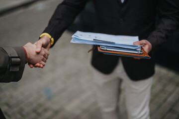 A street scene showing a business handshake as documents are exchanged, conveying trust and professionalism in work or agreement situations.