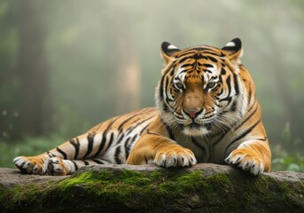 Fototapeta premium Majestic tiger resting on mossy log in lush forest for international tiger day awareness