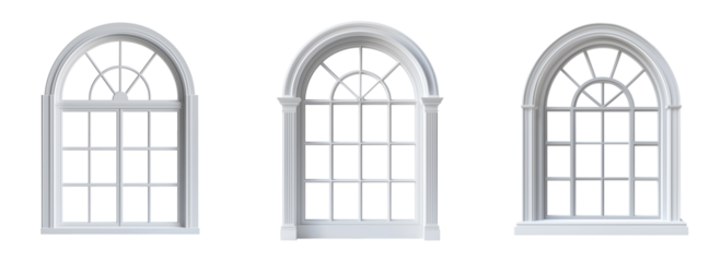Set of various 3D arched window with a white frame isolated on transparent background
