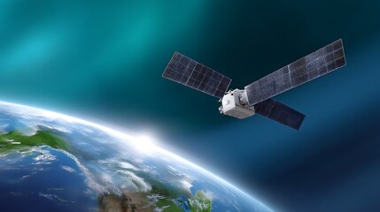 Satellite Orbiting Earth with Solar Panels and Vibrant Atmosphere