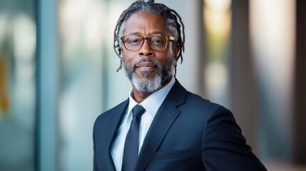 Fototapeta premium A distinguished man in a suit stands confidently outside, representing professionalism and leadership in a contemporary urban setting, highlighting modern business culture.