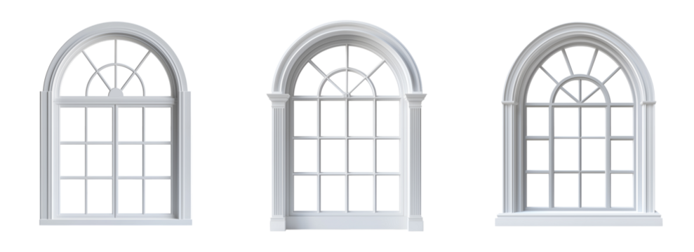 Set of various 3D arched window with a white frame isolated on transparent background