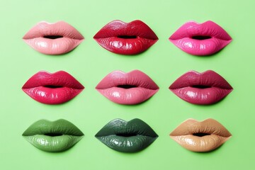 Obraz premium Variety of women s lipstick prints on vibrant green background showcasing colorful designs