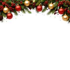 christmas background with balls and fir branches, Christmas Garland Border with Red and Gold Ornaments Isolated on White Background

