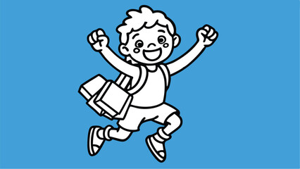A happy cartoon schoolboy with a backpack jumping in the air against a bright blue background illustration