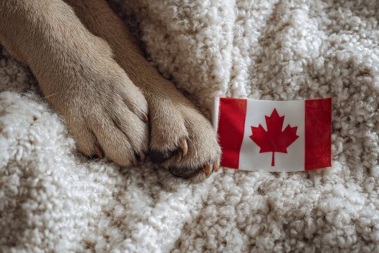 Dog paws next to a small Canadian flag, cozy bed background, soft natural light, minimal and heartwarming composition