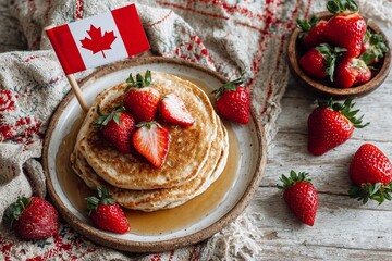 Canadian breakfast with pancakes, maple syrup, strawberries and a tiny Canadian flag, rustic white background, cozy and festive mood