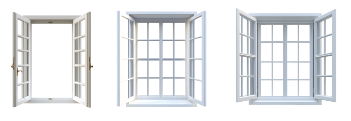 Collection of various 3D visualization of white windows isolated on transparent background