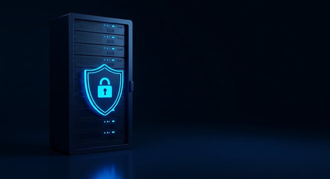 Secure server rack with illuminated security shield and padlock icon