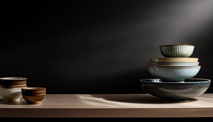 console surface with two tiered display of ceramics moody black backdrop