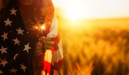 Close-up Young woman with American flag holding fireworks sparklers in a wheat field at sunset. 4th of July Celebration. Patriotic holiday, American and Flag day. Independence Day Celebration. © Miha Creative