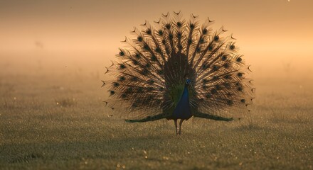 A majestic peacock displays its vibrant plumage in a misty, golden-lit field.
