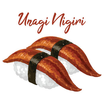 unagi eel nigiri sushi in watercolor illustration style, isolated vector on white background