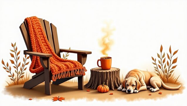 a wooden chair a pumpkin scaf on chair and a wooden table in front a yellow color tee cup on table a dog sitting near table  ,happy halloween witch, 