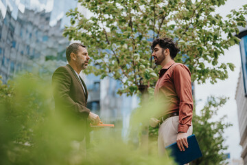Businesspeople interact in an urban environment characterized by urban greenery, fostering dialogue...