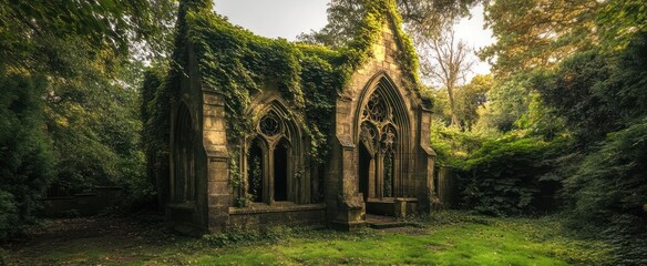 An overgrown, ancient stone chapel nestled within a lush forest.