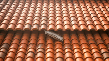 Fototapeta premium A close-up photograph of three rows of terracotta roof tiles arranged in a repeating pattern.