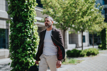 Man wearing casual clothes and carrying a suitcase while walking on a pathway lined with ivy and...