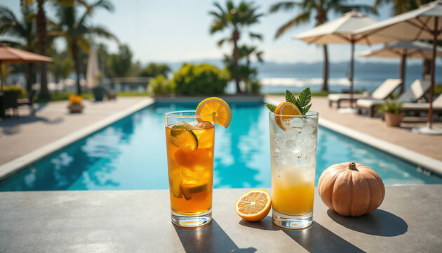 Refreshing summer cocktails by poolside with tropical background