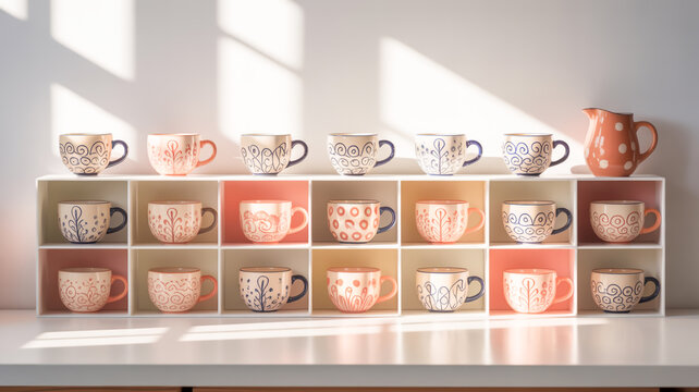 A collection of 18 hand-drawn ceramic cups and mugs arranged in a 3x6 grid on a light beige background.