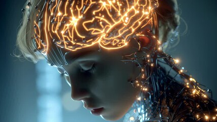 Advanced neural network visualization displaying intricate brain connections within female cyborg, highlighting complex digital intelligence and technological evolution - Powered by Adobe