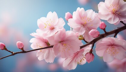 Obraz premium delicate pink petals and floral buds on a pink cherry blossoms on a branch with a soft blue background