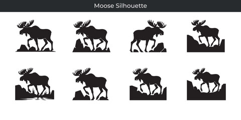 Fototapeta premium Eight distinct moose silhouette illustrations depicting wildlife in various forest landscapes and rocks