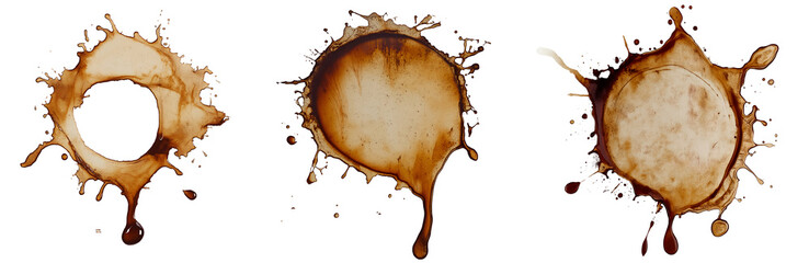 Set of various ring-shaped coffee stains isolated on transparent background