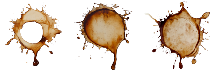 Set of various ring-shaped coffee stains isolated on transparent background