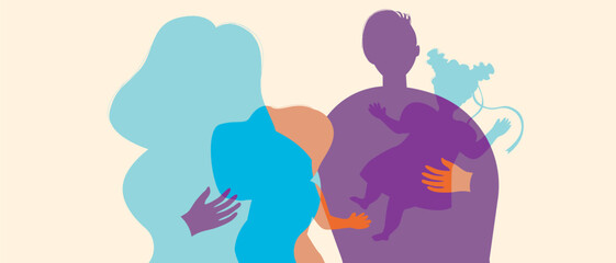 Authentic Family with kids, silhouette vector stock illustration with happy parents and baby girl