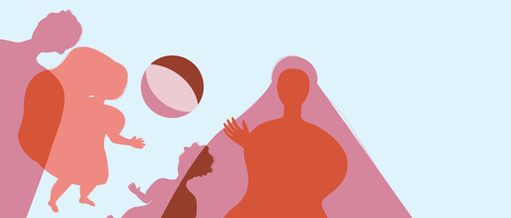 BIPOC parents and kids playing ball together, silhouette vector stock illustration as Authentic Family silhouettes, copy space template for design