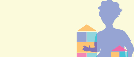 Parents with many children with kids playing with cubes, silhouette vector stock illustration as Authentic Family, copy space template for overlay