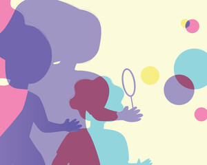 Parents with many children with kids playing with cubes, silhouette vector stock illustration as Authentic Family, copy space template for overlay