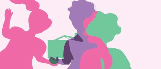 Parents with many children with kids playing with cubes, silhouette vector stock illustration as Authentic Family, copy space template for overlay