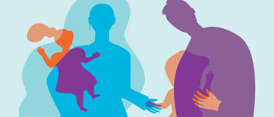 Happy Authentic Family with Children, Silhouette Vector Stock Illustration with Parents Hugging Children