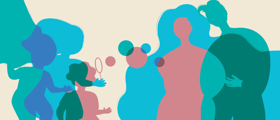 Parents with many children with kids playing with cubes, silhouette vector stock illustration as Authentic Family, copy space template for overlay