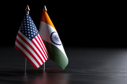 The image shows the USA and India flags on a dark surface