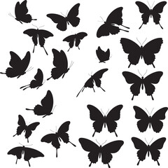 Butterfly silhouettes flying isolated on white background