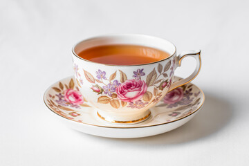 Fototapeta premium A high-quality product photograph of an elegant vintage-style teacup and saucer set against a pure white background.