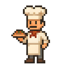 Obraz premium Pixel art of a chef holding a plate of food, wearing a tall white hat and apron. Retro 8-bit style, warm tones, white background. Ideal for food games, apps, and UI.