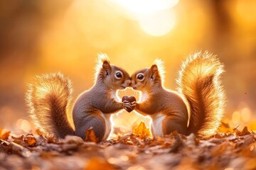 Two adorable squirrels joyfully sharing a heart shaped nut in the warm glow of golden sunlight