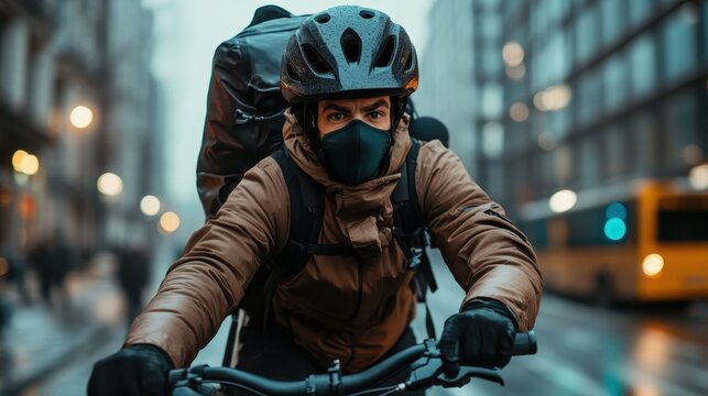 A determined cyclist wearing a mask rides through a rainy city street, showcasing resilience and focus in a challenging urban landscape while navigating through a crowded environment.