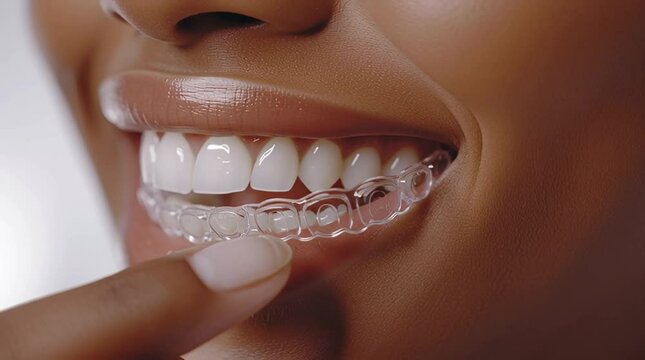 A young African woman with dark skin and long hair smiles while adjusting clear aligners on her teeth. The focus is on her dental care and orthodontics.